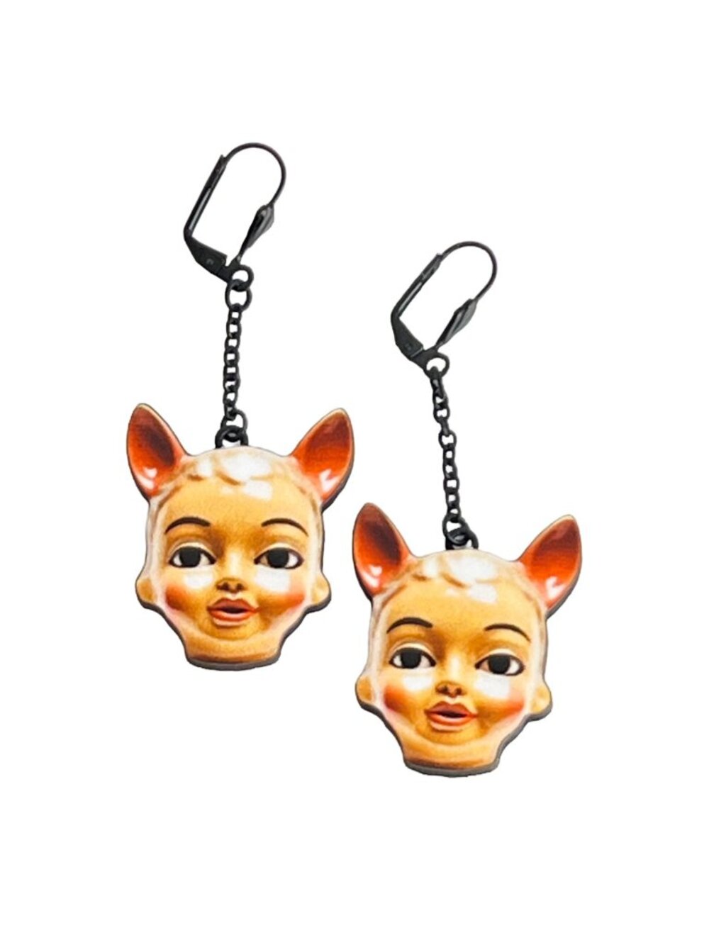 Vintage Style Kitsch Doll Head with Fox Ears Wood Drop Earrings Creepy-Cute